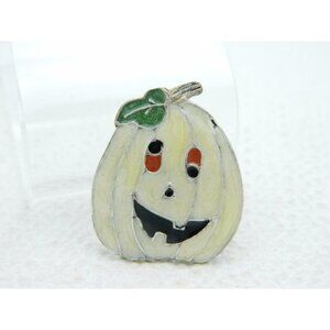Vintage Halloween Goofy Eyed Pumpkin White Enamel